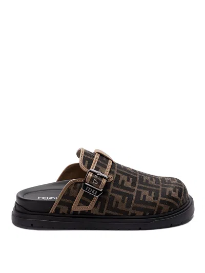 Fendi Ff Jacquard Slippers In Brown