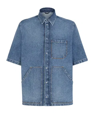 Fendi Multi-pocket Denim Shirt In Blue