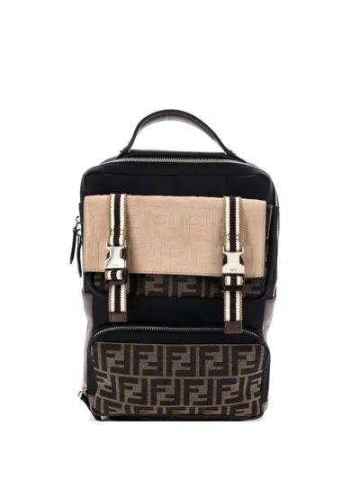 Pre-owned Fendi Multi Pocket Nylon With Zucca Canvas And Leather Medium Backpack In Brown