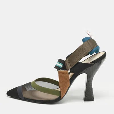 Pre-owned Fendi Multicolor Canvas And Mesh Colibri Slingback Pumps Size 41