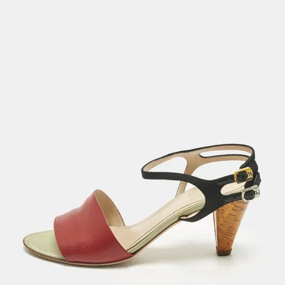 Pre-owned Fendi Multicolor Fabric And Leather Cork Ankle Strap Sandals Size 36