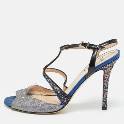 Pre-owned Fendi Multicolor Glitter And Patent Leather Ankle Strap Sandals Size 40