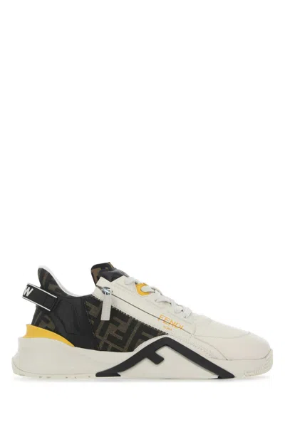 Fendi Multicolor Leather And Fabric Flow Sneakers In Bianco