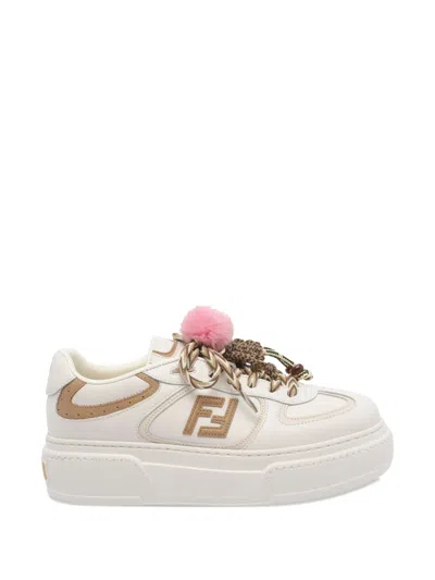 Fendi Match Low Top Platform In White Leather With Charm Women In Neutral
