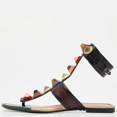 Pre-owned Fendi Multicolor Leather Studded Ankle Cuff Flat Sandals Size 37