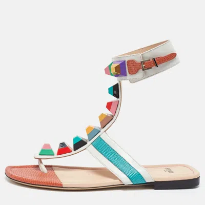 Pre-owned Fendi Multicolor Leather Studded Thong Flat Sandals Size 37