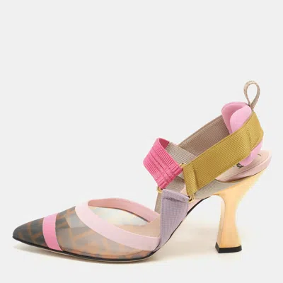 Pre-owned Fendi Multicolor Mesh And Canvas Colibri Slingback Pumps Size 37