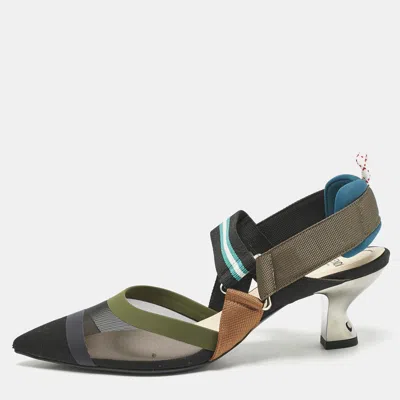 Pre-owned Fendi Multicolor Mesh And Canvas Colibri Slingback Pumps Size 37.5