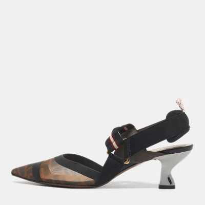Pre-owned Fendi Multicolor Mesh And Canvas Colibri Slingback Pumps Size 39.5 In Brown