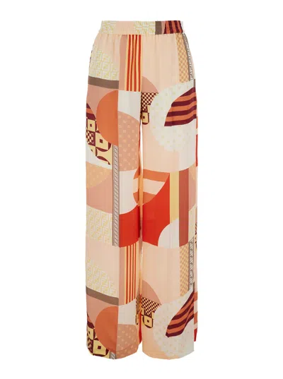 Fendi Multicolor Pants With High Elastic Waist And All-over Patchwork Print In Silk Woman