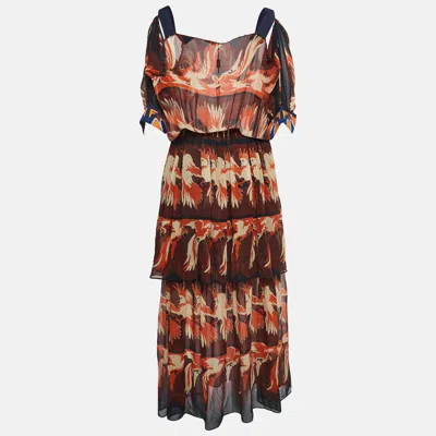 Pre-owned Fendi Multicolor Parakeet Print Silk Embellished Tiered Maxi Dress M