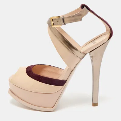 Pre-owned Fendi Multicolor Patent Leather And Suede Ankle Strap Sandals Size 37