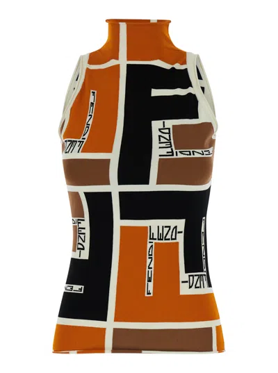 Fendi Multicolor Polo Neck Sweater In Viscose Blend Woman In Yellow