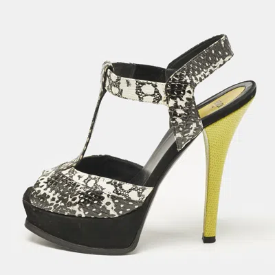 Pre-owned Fendi Multicolor Python Embossed Leather And Suede Animal Print T-strap Sandals Size 38.5