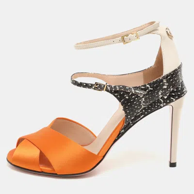 Pre-owned Fendi Multicolor Satin And Python Embossed Leather Criss Cross Ankle Strap Sandals Size 36