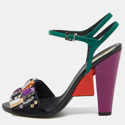 Pre-owned Fendi Multicolor Satin Fantasia Crystal Embellished Ankle Strap Sandals Size 39.5