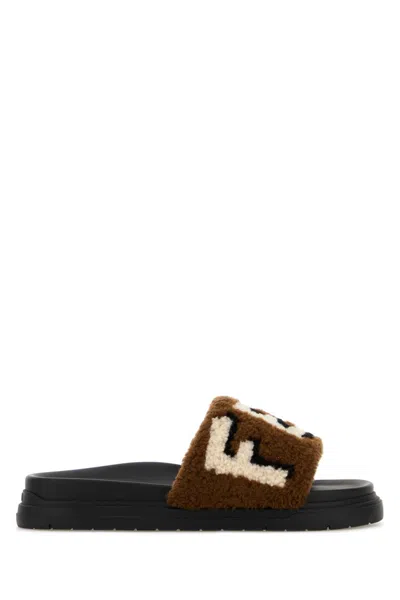 Fendi Multicolor Shearling Slippers In Brown