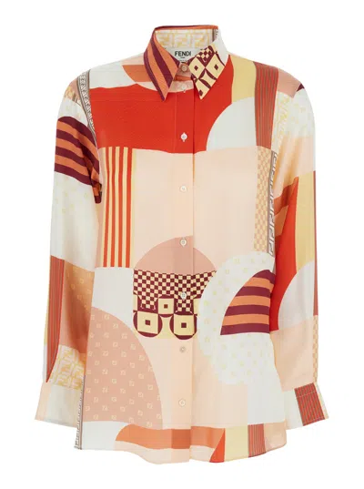 Fendi Multicolor Shirt With Classic Collar And All-over Patchwork Print In Silk Woman In Orange