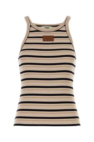 Fendi Multicolor Stripes Round Neck T-shirt In Brown
