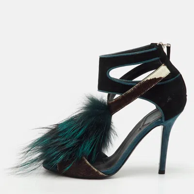Pre-owned Fendi Multicolor Suede Calf Hair And Mink Fur Ankle Strap Sandals Size 38