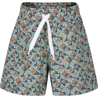 Fendi Kids' Multicolor Swim Shorts For Boy With Iconic Ff In Marrone