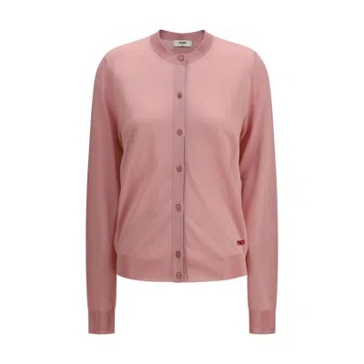 Fendi Women Cardigan Crewneck In Viscose With Embroidered Logo In Pink