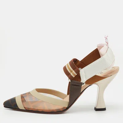 Pre-owned Fendi Multicolor Zucca Mesh And Fabric Colibri Slingback Pumps Size 37.5