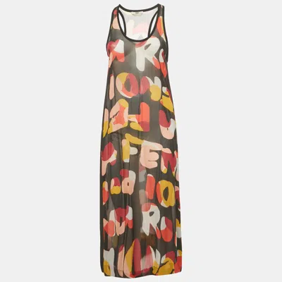 Pre-owned Fendi Multicolor/black Printed Silk Sleeveless Midi Dress M