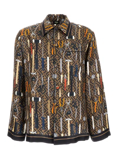 FENDI FENDI MEN MULTICOLORES ALL-OVER FENDI TOOLS PRINT SHIRT IN SILK MAN