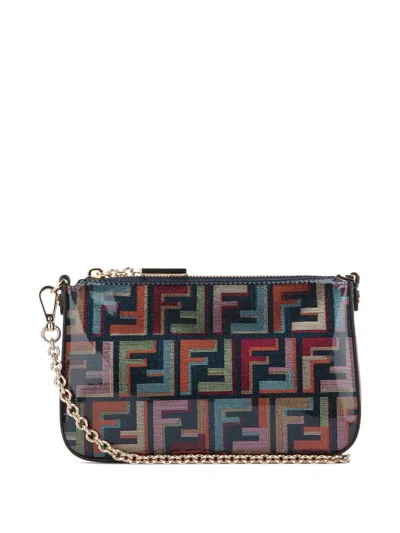 Fendi Multicolour Glazed Ff Fabric Baguette Pouch With Chain In Blue