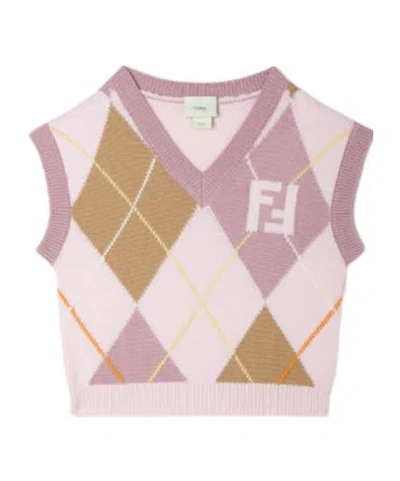 Fendi Multicolour Pink And Beige Wool Knit Junior Gilet