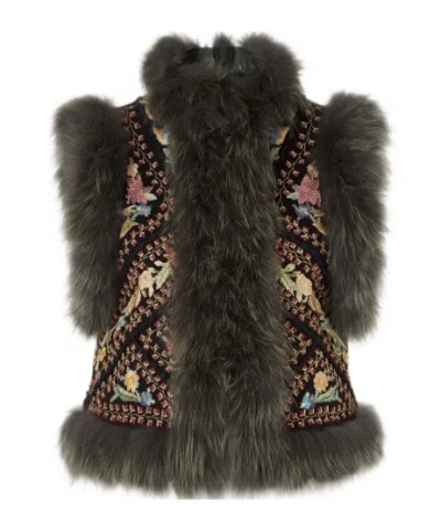 Fendi Multicoloured Embroidered Tulle Gilet With Fox Fur Trim In Gray