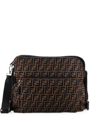 Pre-owned Fendi Multipocket Diaper Changing Bag Zucca Nylon Large Crossbody Bag In Brown
