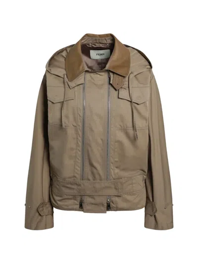 Fendi Multi-zip Hooded Jacket In Brown