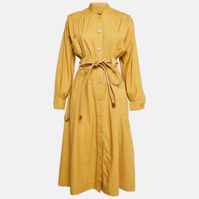 Pre-owned Fendi Mustard Yellow Cotton Button Front Belted Midi Dress S