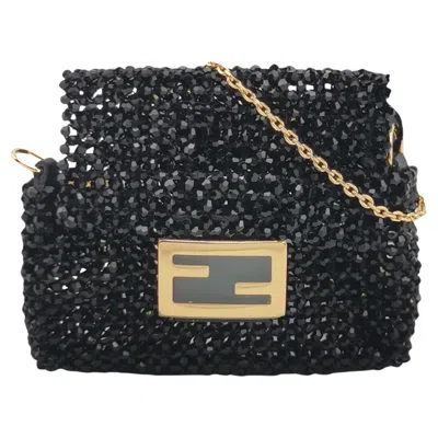 Pre-owned Fendi Nano Baguette Black Beaded Gold Chain Crossbody Purse