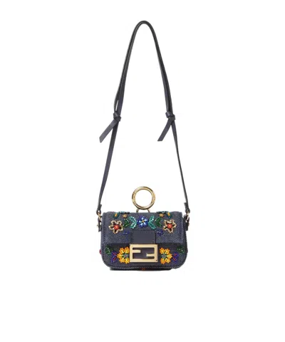 Fendi Nano Baguette Embroidered-flowers Mini Bag In Blue