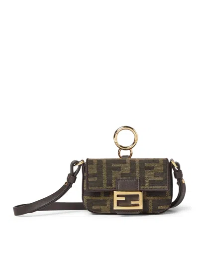 Fendi Nano Baguette Charm Charm In Brown Ff Jacquard Fabric In Burgundy