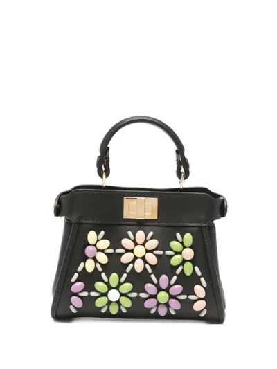 Fendi Nano Peekaboo Beaded-flowers Tote Bag In Black