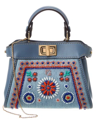 Fendi Nano Peekaboo Denim & Leather Clutch In Blue