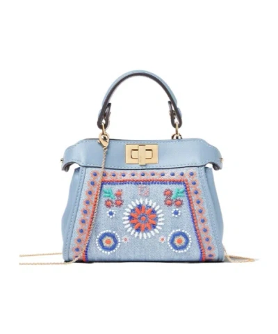 Fendi Nano Peekaboo Light Blue Denim Miniature Bag With Multicolour Embroidery