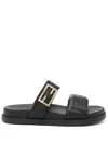 Fendi Nappa Leather Feel Double-band Slides Shoes In Black