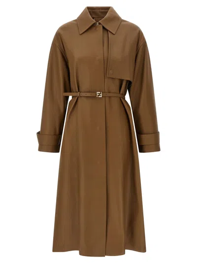 Fendi Nappa Leather Trench Coat In Camel