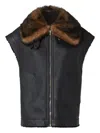 Fendi Women Black Sleeveless Shearling Jacket With Buckled Spread Collar In Leather And Fur Woman In Black