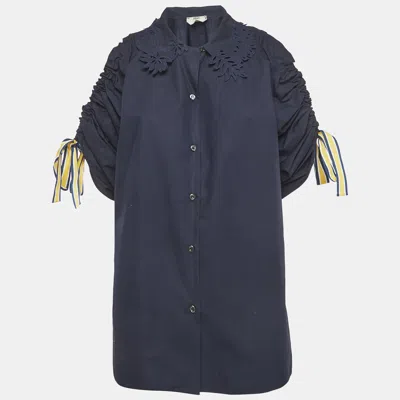 Pre-owned Fendi Navy Blue Cotton Scrunched Sleeves Shirt M