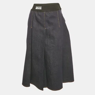 Pre-owned Fendi Navy Blue Denim Pleated Midi Skirt S