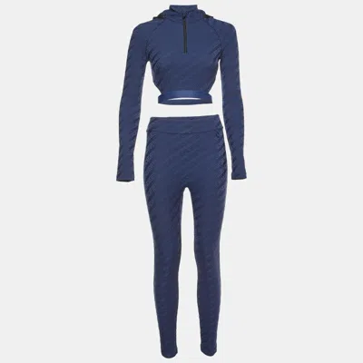 Pre-owned Fendi Navy Blue Ff Logo Jersey Crop Top & Leggings Set S/m