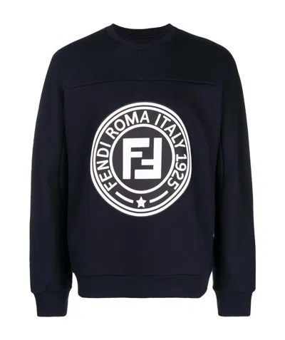 Fendi Navy Blue Ff Printed Hoodie In Black