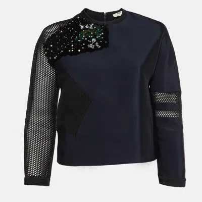 Pre-owned Fendi Navy Blue Gabardine N Mesh Patchwork Top S