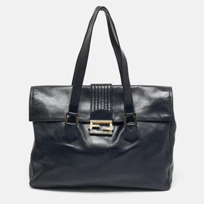 Pre-owned Fendi Navy Blue Glossy Leather Ff Flap Tote
